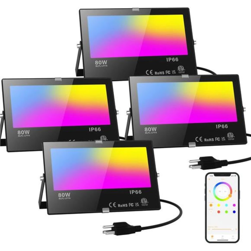LED Flood Light Outdoor 800W Equivalent 8000LM, Smart RGB Color Changing  4 Pack